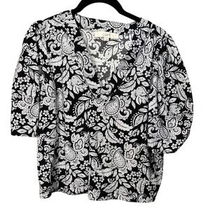 LOFT‎ Black White Paisley V Neck 3/4 Sleeve Top Blouse XS